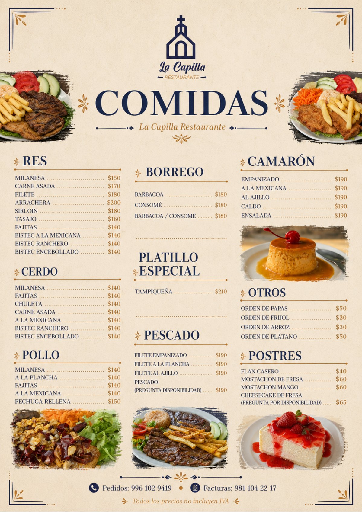 Menú de comidas con res, cerdo, pollo, borrego, pescado, camarón, postres y guarniciones